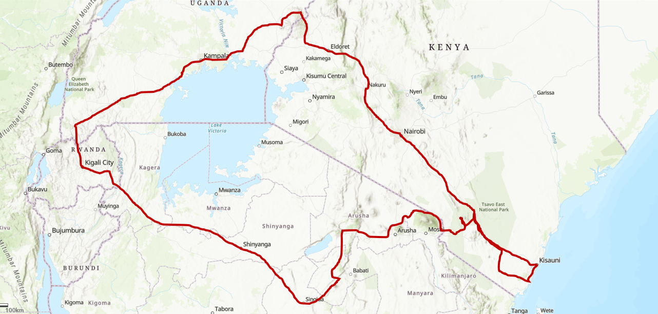 Reiseroute quer durch Afrika: 4000 km rund um den Vicoria Lake mit Ausblick auf den Kilimanjaro